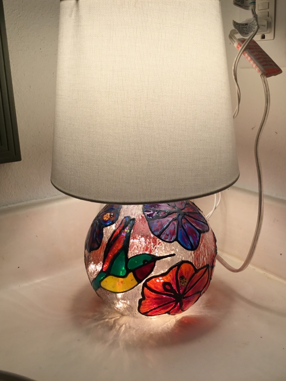 Hand Painted Hummingbird and Hibiscus Flower 13 inch lamp